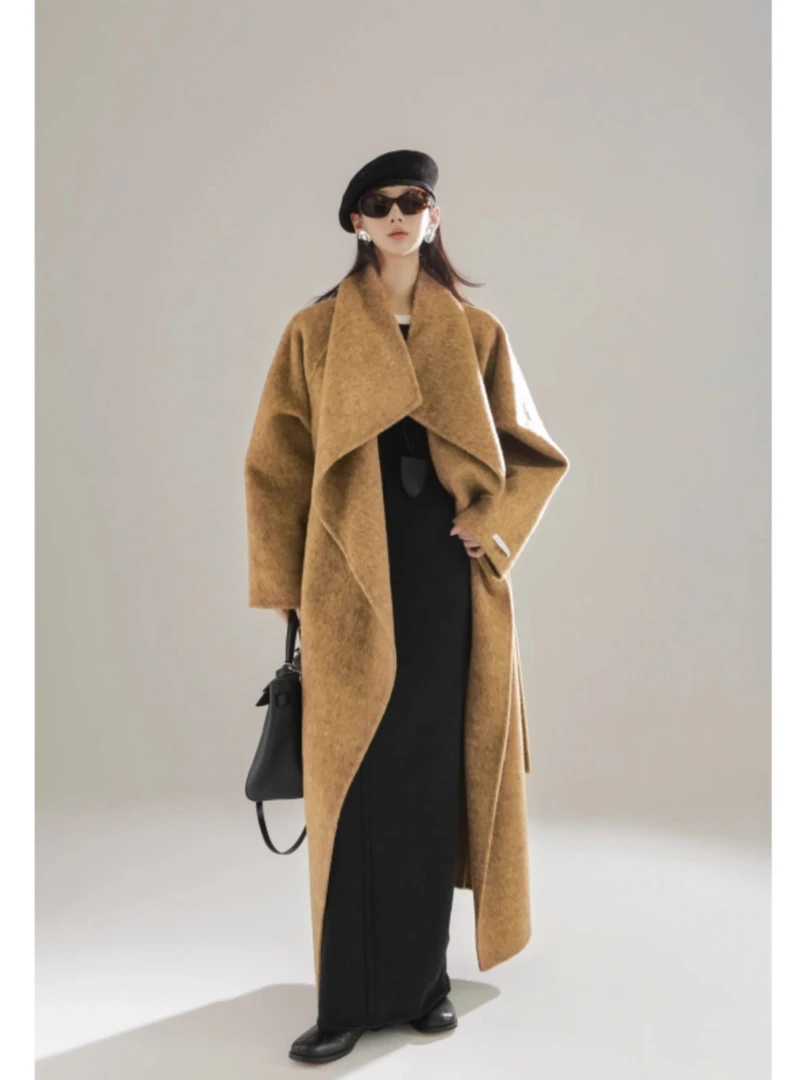 臻一-反季奢华混色大翻领双面大衣毛呢外套女秋冬季新款PI23A0421