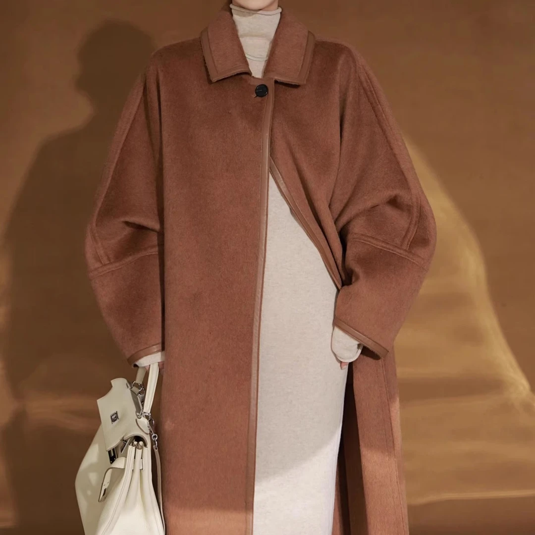 Moodi专属-欧美奢驼绒皮边设计感大衣双面大衣毛呢外套PI24A0294