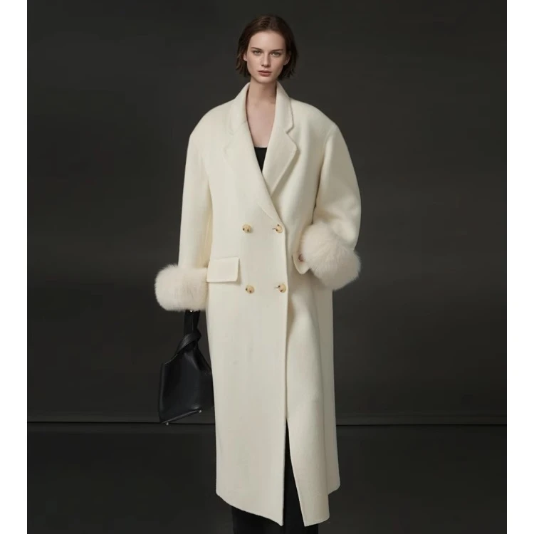 露露专属-袖口狐狸毛西装大衣女中长款双面驼绒外套秋冬PI24A0370