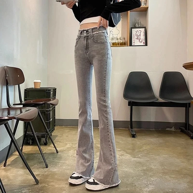 烟灰色微喇牛仔裤女2025秋冬新款高腰显瘦直筒阔腿九分喇叭裤夏季