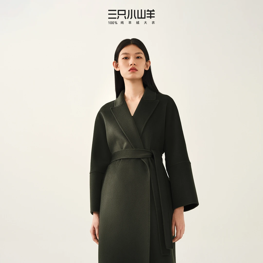 三只小山羊14.5微米戗驳领双面100纯羊绒大衣长款高端大牌外套女