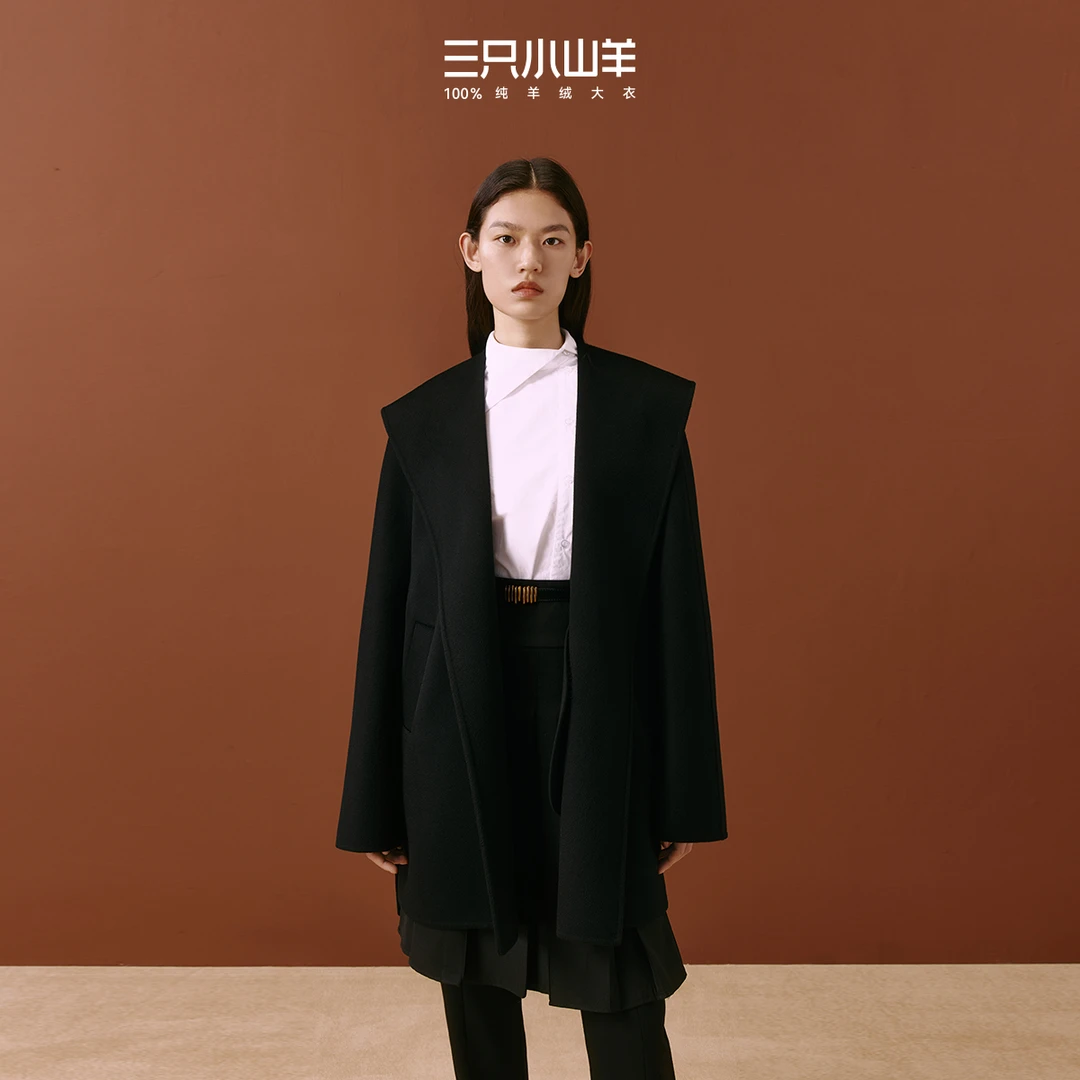 三只小山羊【短款连帽】 小个子双面呢100纯羊绒中长款女大衣