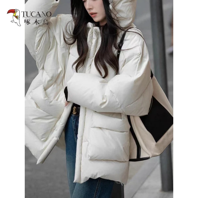 啄木鸟白鸭绒2023年新款女装连帽小面包冬季加厚宽松羽绒外套保暖