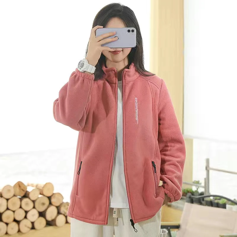 春秋摇粒绒外套加绒女士休闲绒衣立领开衫简约运动户外保暖卫衣