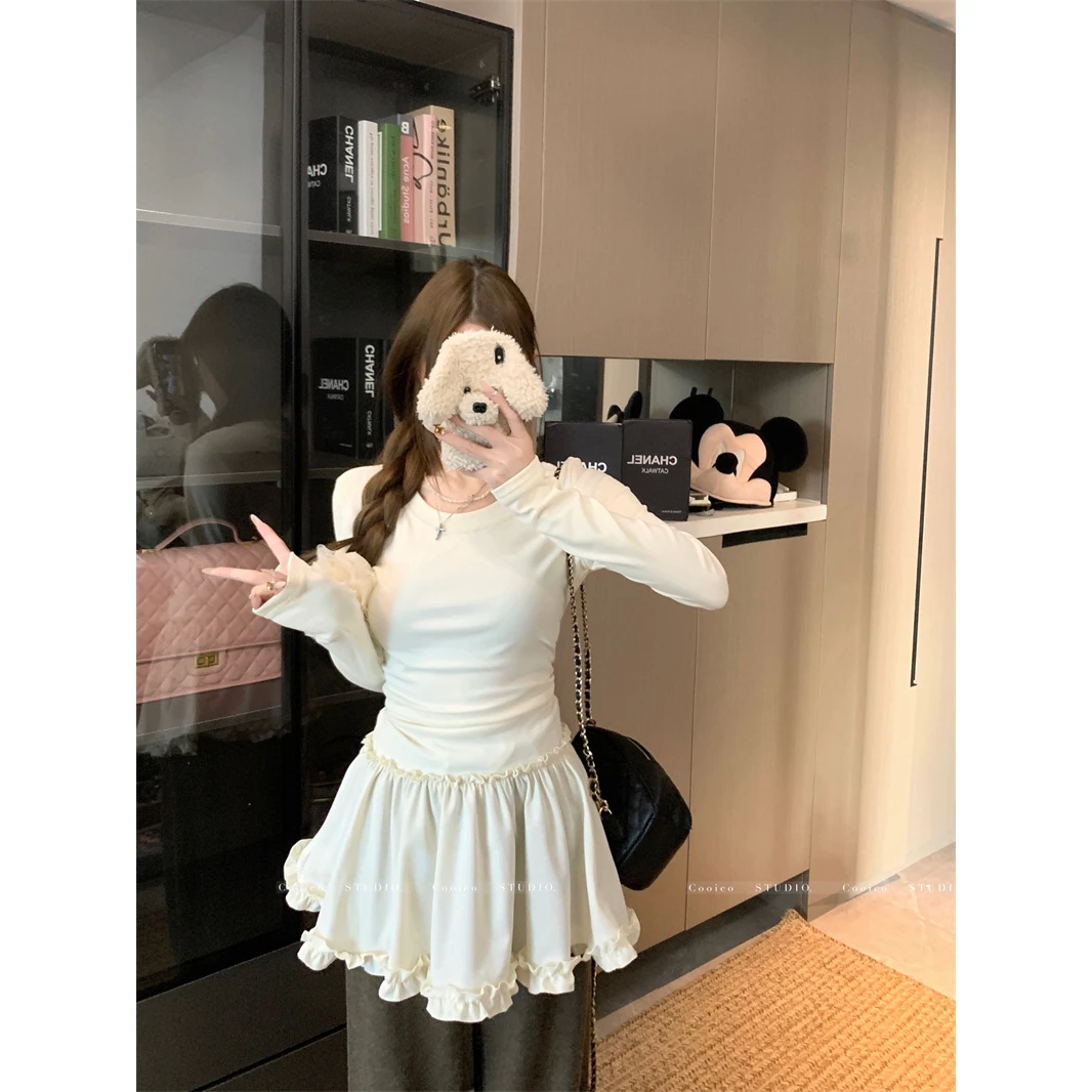 柔软撞色花褶下摆修身显瘦叠穿打底裙女秋冬季德绒加厚长袖连衣裙