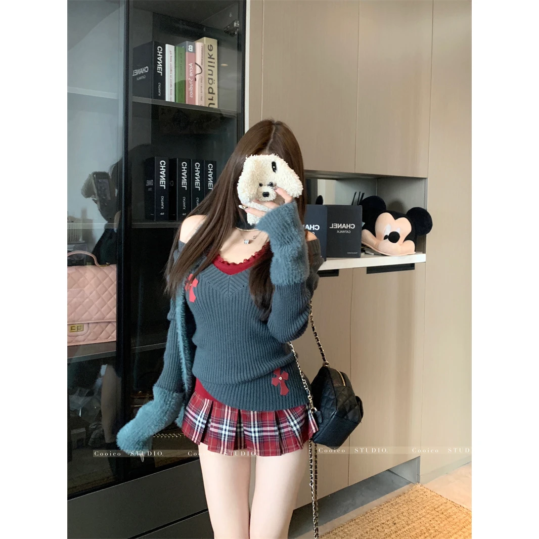甜辣妹V领修身收腰毛衣女秋冬藏青色针织衫显瘦长袖上衣