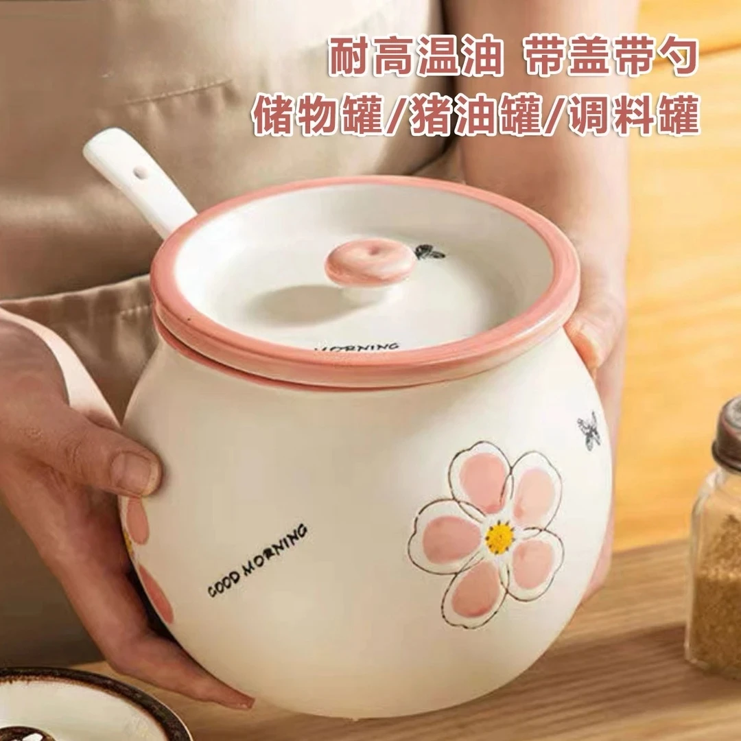 新款陶瓷家用猪油罐带盖耐高温油泼辣子罐大容量辣椒罐调料罐储物