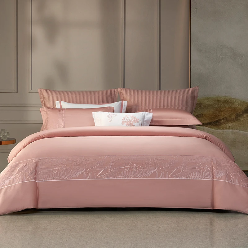 梦洁 60s长绒棉素色绣花四件套：伊瑟尔轻奢亲肤简约纯色印花磨毛