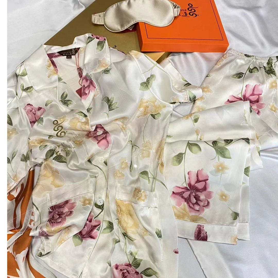 大丝之道100%桑蚕丝家居服睡衣女套装碎花时尚气质