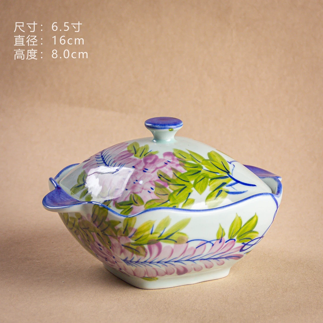 【CH02绿叶紫藤四方炖盅】D2288景德镇高温釉下彩手工手绘