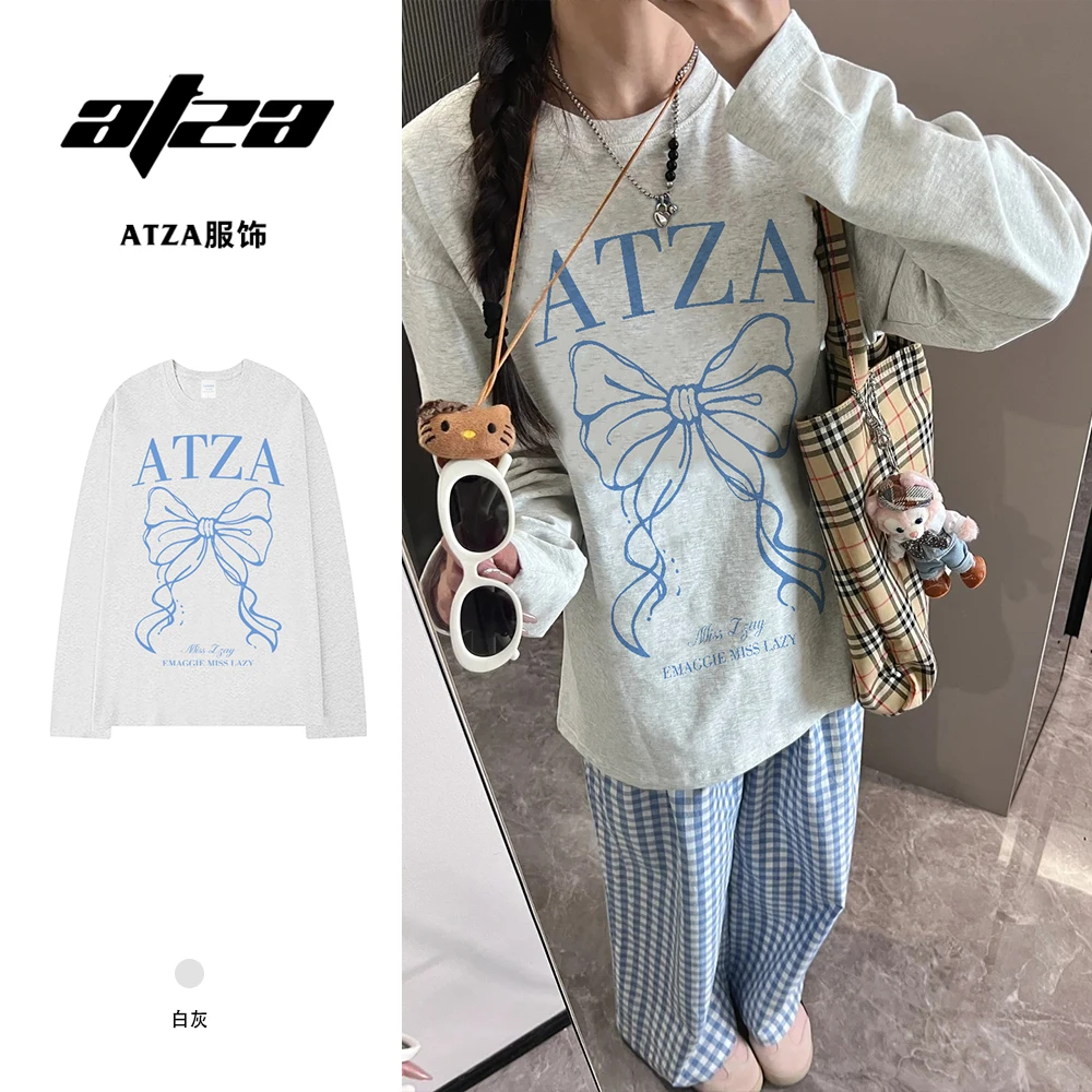 oversize复古蝴蝶结印花长秋季袖t恤女纯棉宽松百搭休闲上衣