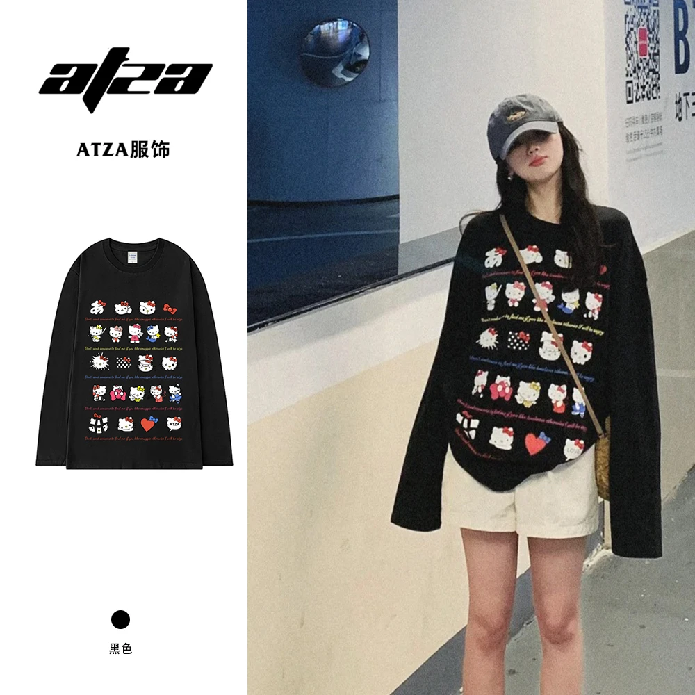 潮牌秋季kt卡通印花黑色正肩t恤长袖女百搭纯棉体桖打底上衣