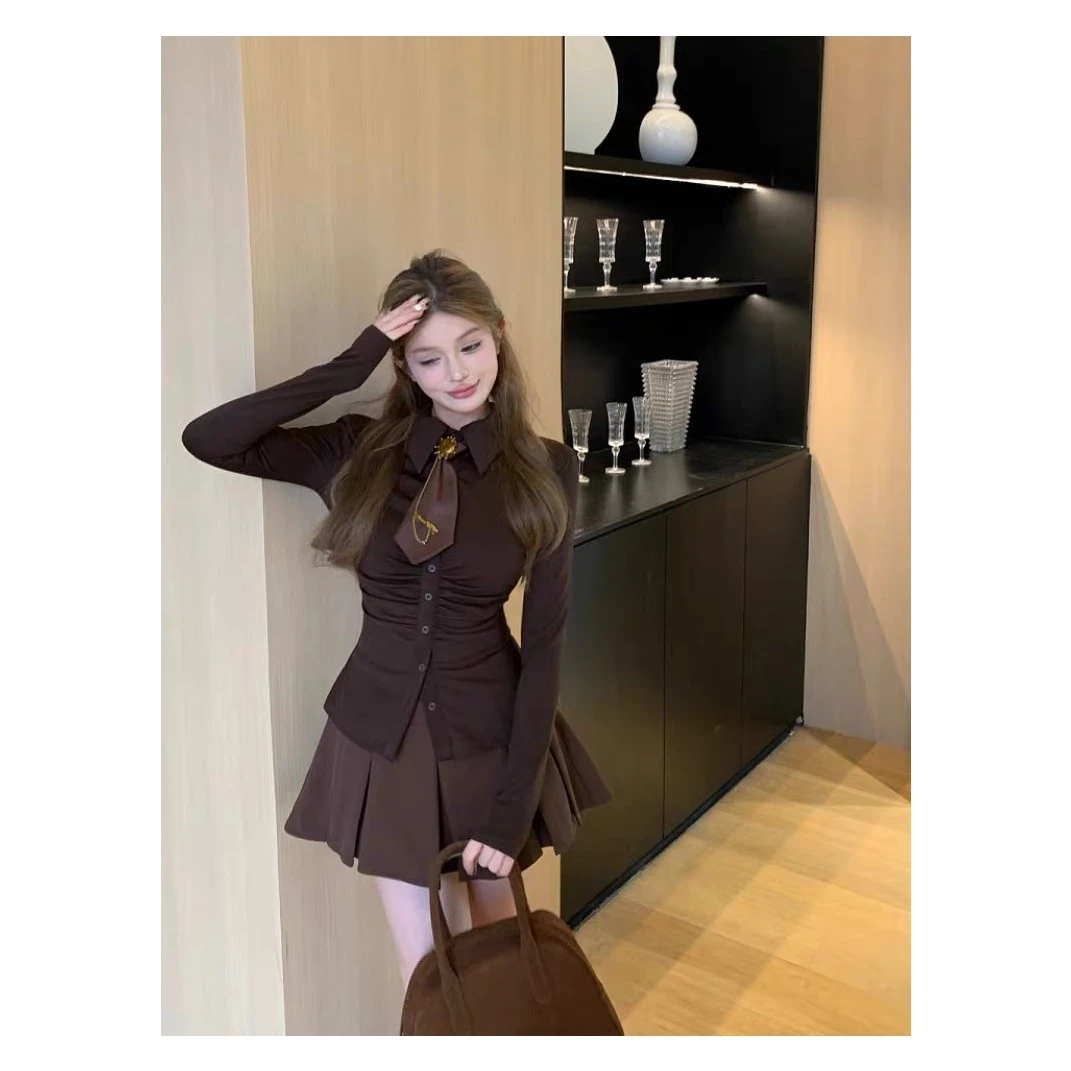 【焦糖可可】8021微胖mm冬季厚款长袖上衣收腰褶皱修身衬衣配领带