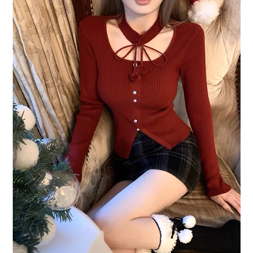 【甜辣主场】5529微胖mm纯欲风辣妹长袖上衣拼接毛球绑带套脖打底衫