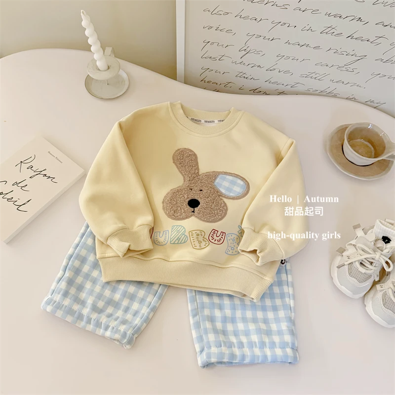 【甜品起司】奶fufu幼儿园套装！男女童刺绣兔兔加绒卫衣格子裤套装