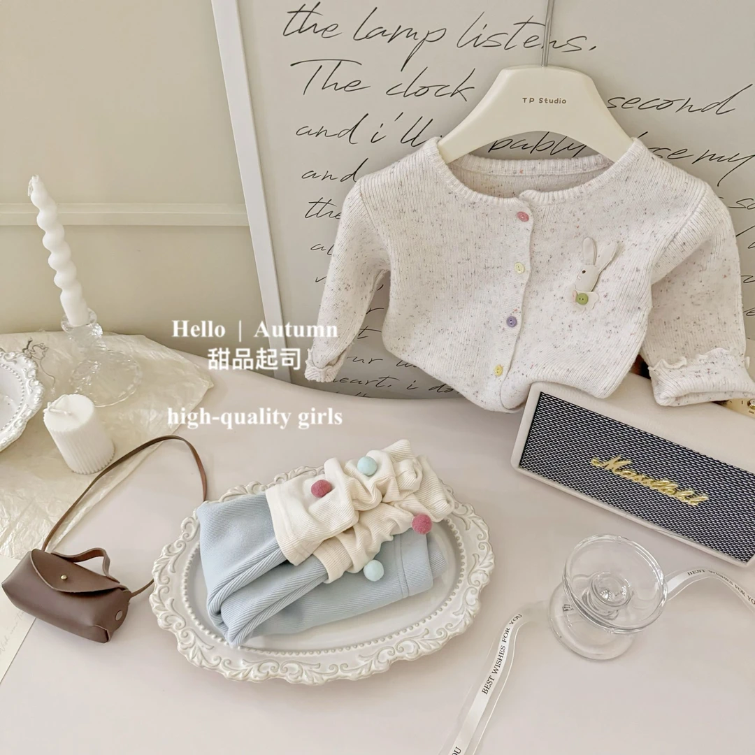 【甜品起司】韩国童装女宝宝立体兔子开衫毛衣外套球球打底裤套装