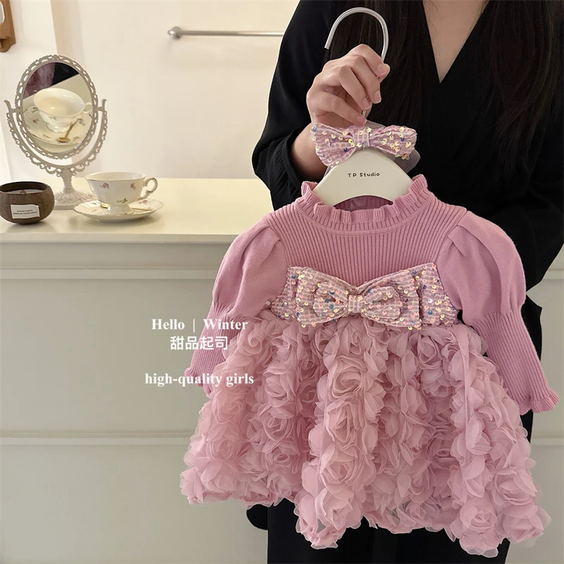 【甜品起司】女童公主裙洋气网纱立体花朵裙子毛衣裙蓬蓬裙小童