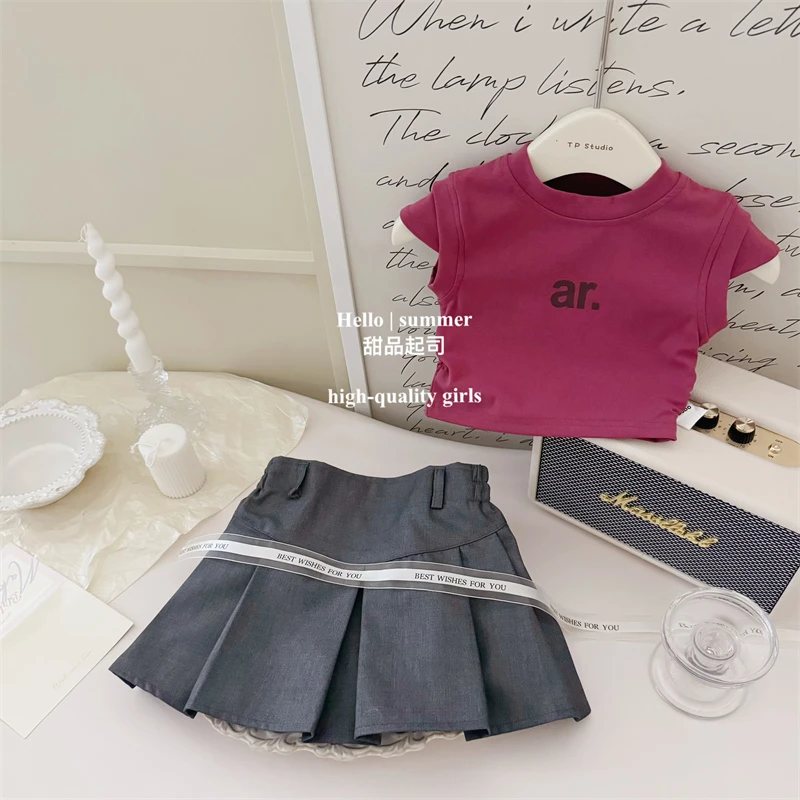 【甜品起司】巨显白！洋气套装夏季韩国休闲短袖上衣T恤百褶短裙