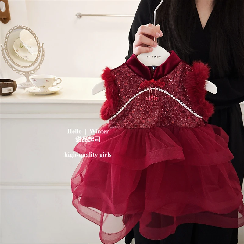 【甜品起司】旗袍盘扣拼接纱裙蛋糕裙冬季国风女宝宝生日新年背心裙