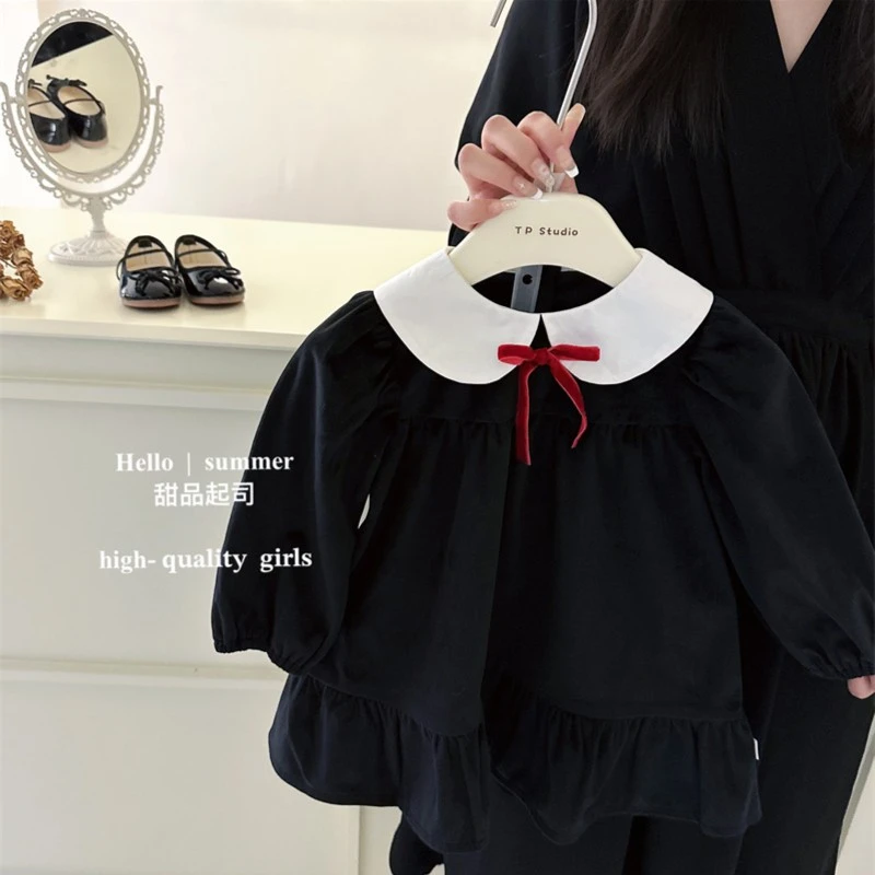 【甜品起司】1419复古黑色丝绒气质女宝宝小黑裙荷叶边公主礼服裙