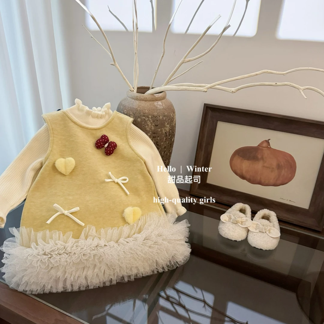 【甜品起司】女童连衣裙秋冬蝴蝶结爱心背心裙针织千金风拜年服套装