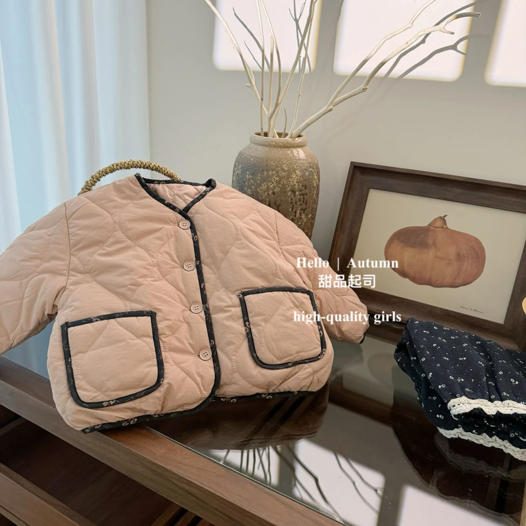 【甜品起司】韩国童装秋冬碎花洋气甜美毛毛圆领棉服女宝宝棉袄外套