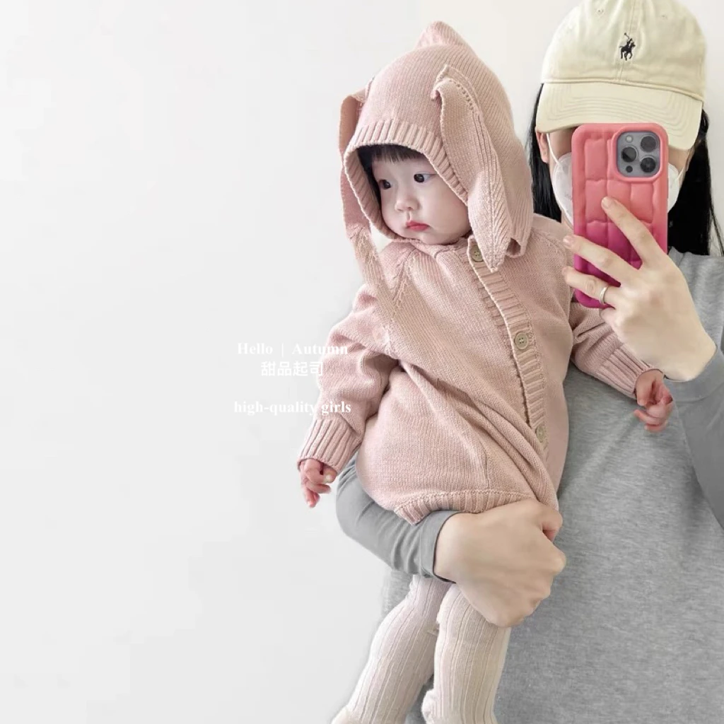 【甜品起司】可爱粉兔子连帽包屁衣女宝宝超萌外出哈衣洋气针织爬服