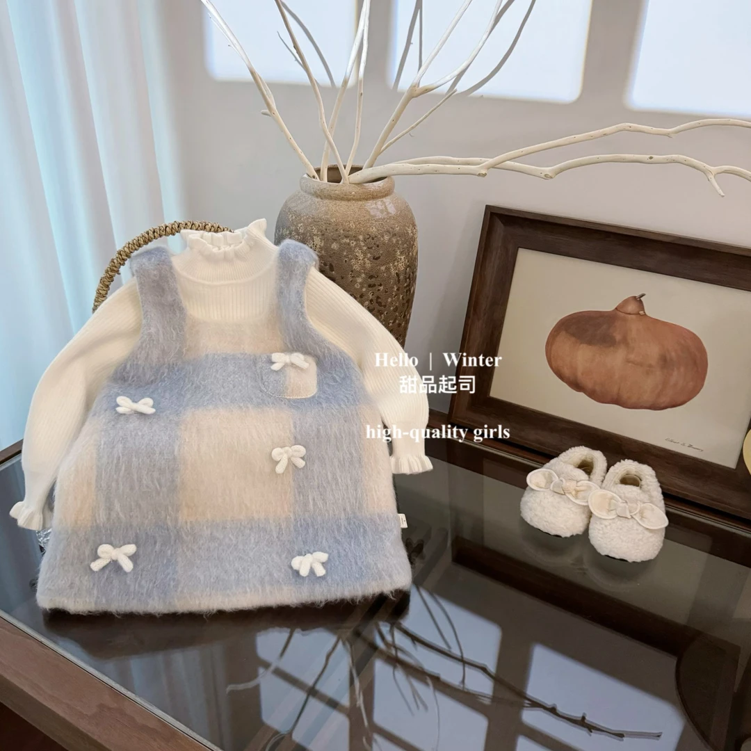 【甜品起司】毛绒蓝白格纹呢女童蝴蝶结背心裙冬季连衣裙周岁礼服裙