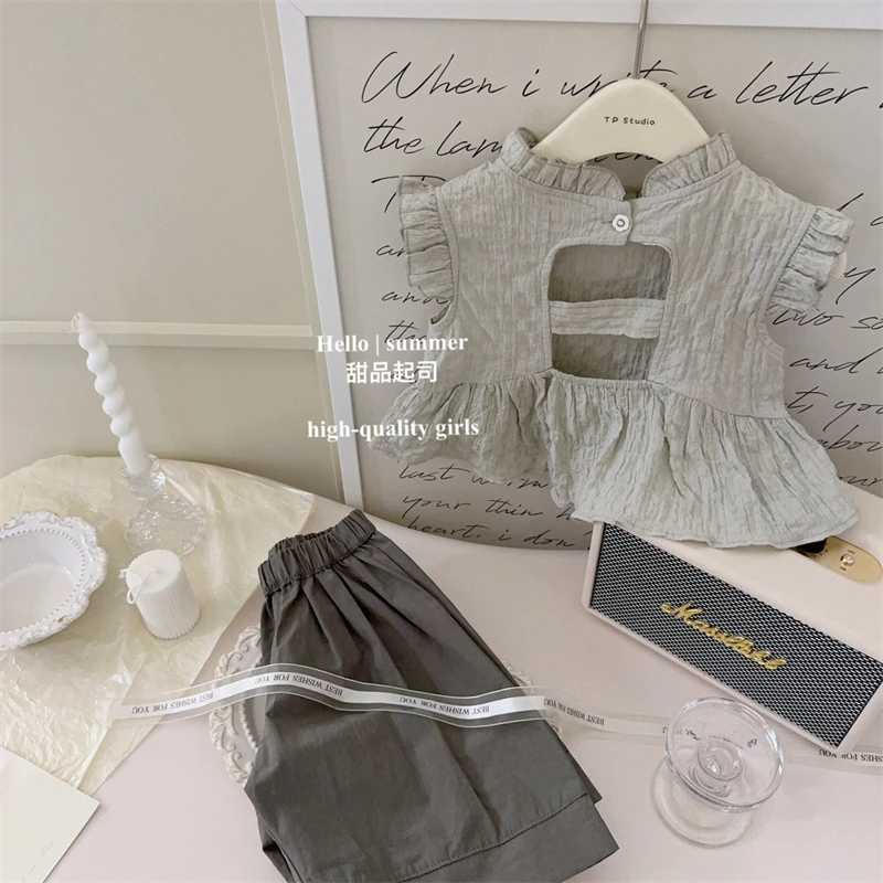 【甜品起司】海盐薄荷脆！ 女宝宝小飞袖露背娃娃衫薄款阔腿5分裤