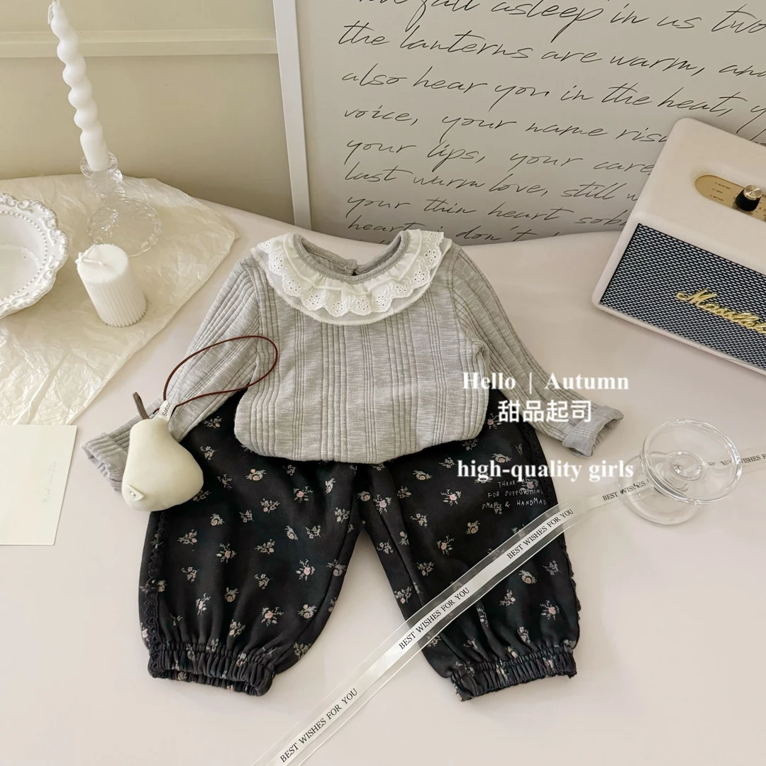 【甜品起司】韩国童装女宝宝气质蕾丝领T恤上衣花边长袖碎花裤子