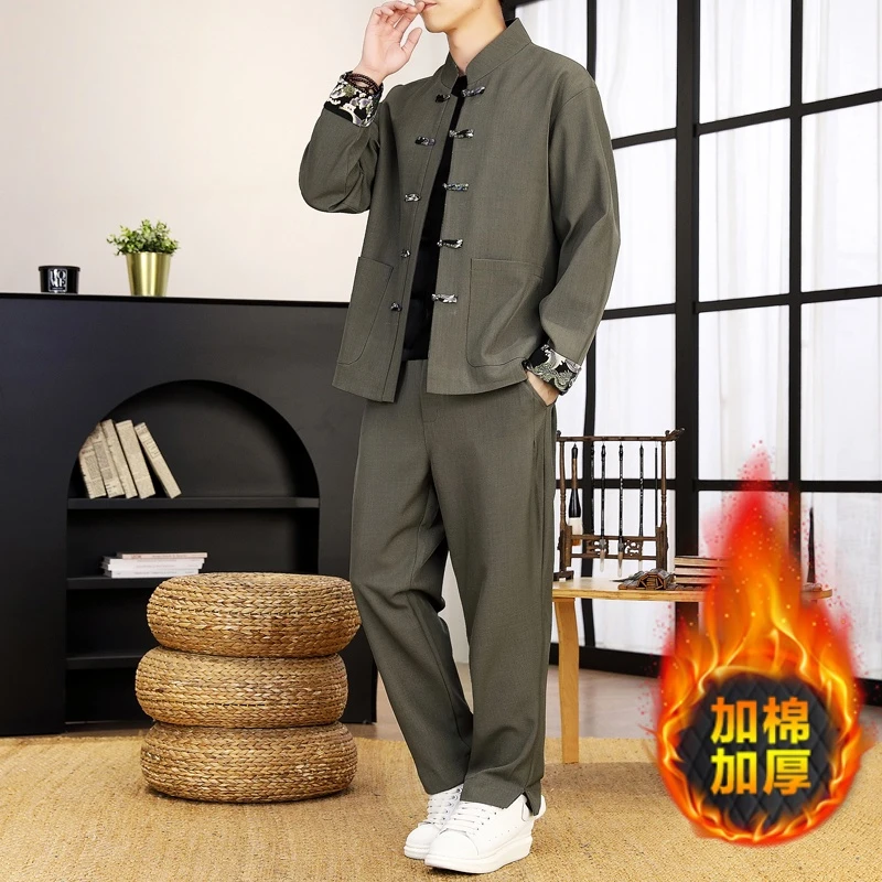 秋冬季男款中国风套装加棉加厚外套中山装立领盘扣新中式唐装夹克