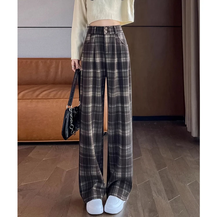 咖色直筒毛呢格子裤子女秋冬季加绒高腰垂感休闲窄版阔腿裤拖地裤