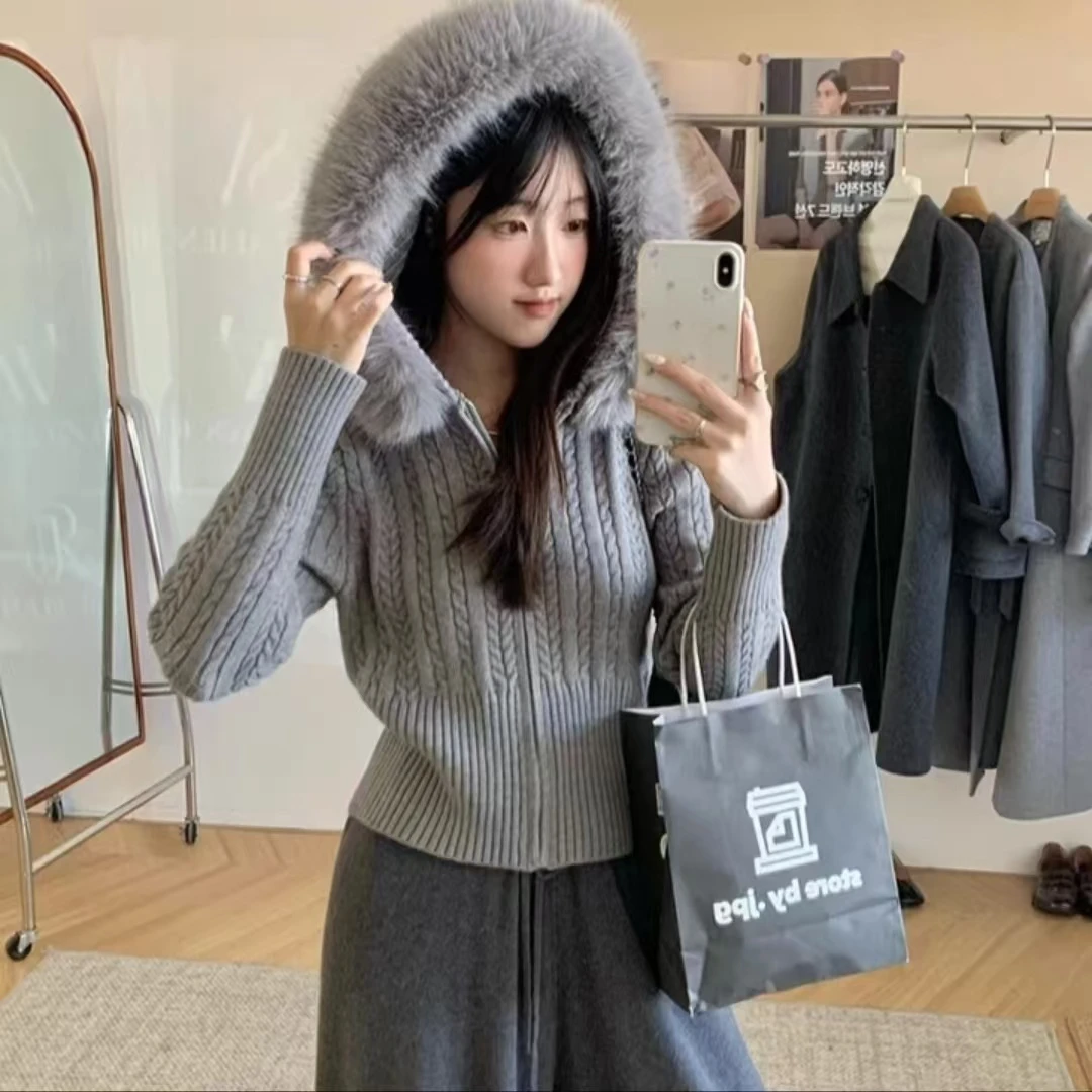 设计感辣妹麻花秋冬毛毛领连帽毛衣女拉链针织开衫修身显瘦潮上衣