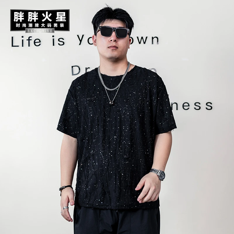胖胖火星大码男装夏季复古磨破短袖t恤胖子满天星潮流圆领半袖衫