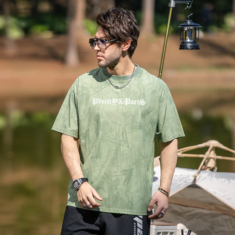 【液氨冰丝】大码男装夏季暗纹冰丝短袖T恤加肥加大户外休闲半袖男