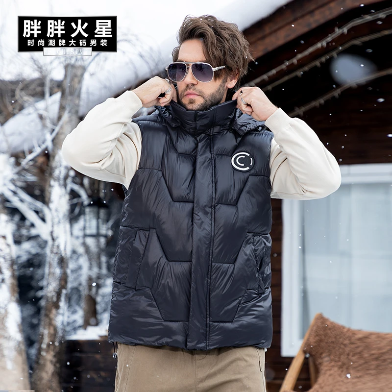 胖胖火星大码男装冬季高领连帽棉马甲男士休闲无袖保暖马夹背心
