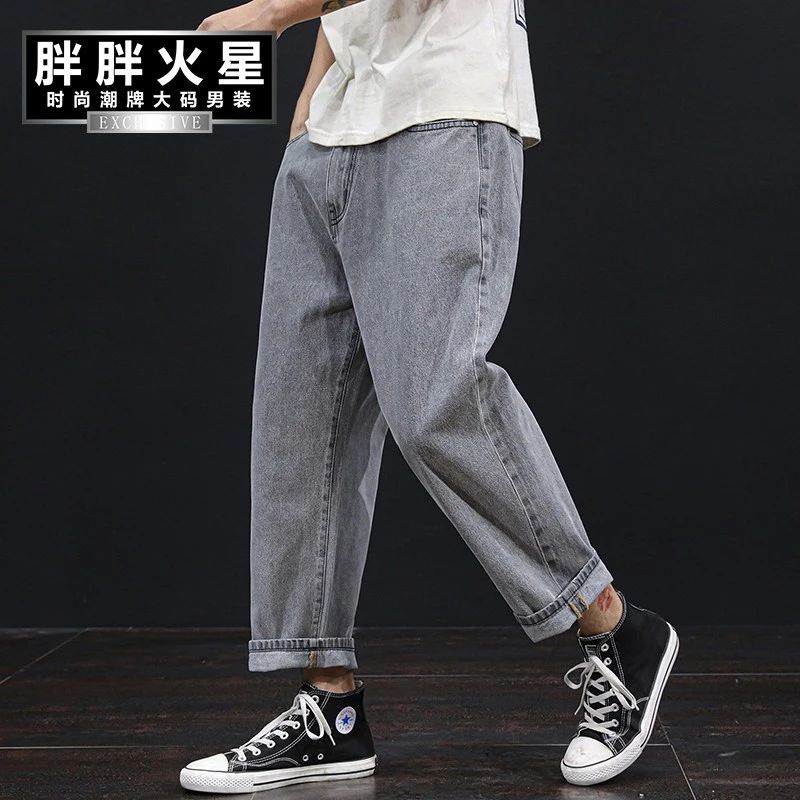 胖胖火星大码男装复古水洗九分牛仔裤男加肥加大宽松做旧直筒长裤