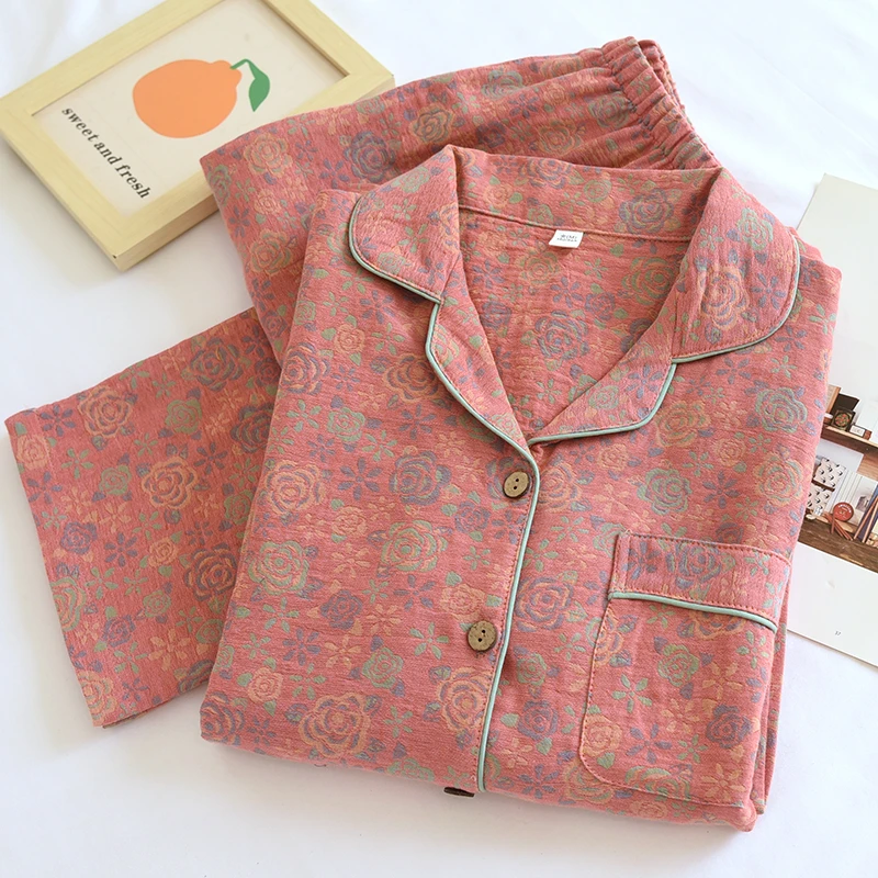 睡衣女套装纯棉双层色织提花棉蔷薇花翻领长袖长裤全棉透气家居服