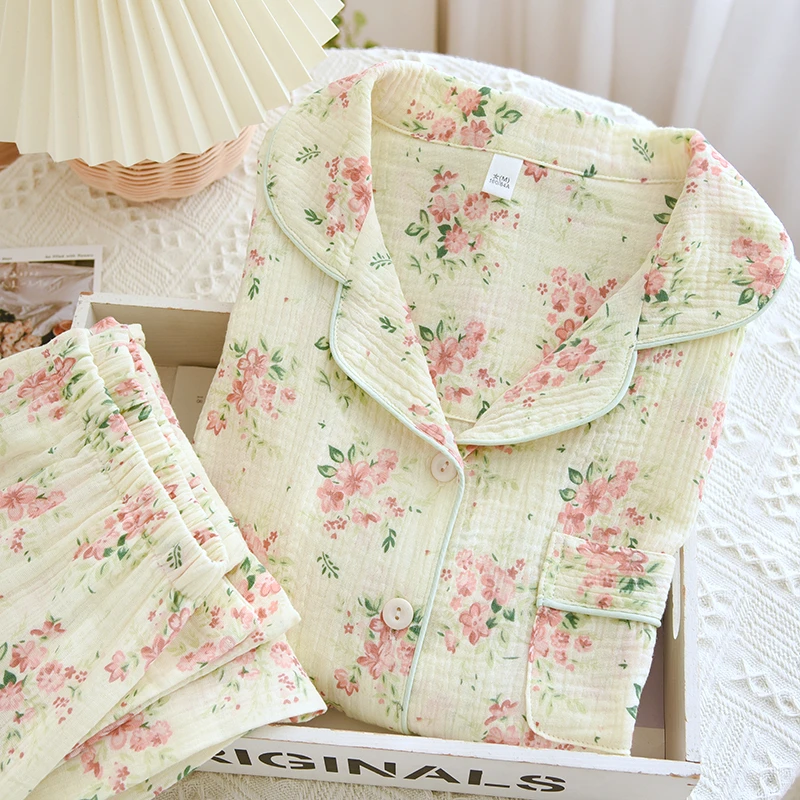 女士新款纯棉睡衣双层棉纱四季款绉纱棉质柔软透气家居服睡衣套装