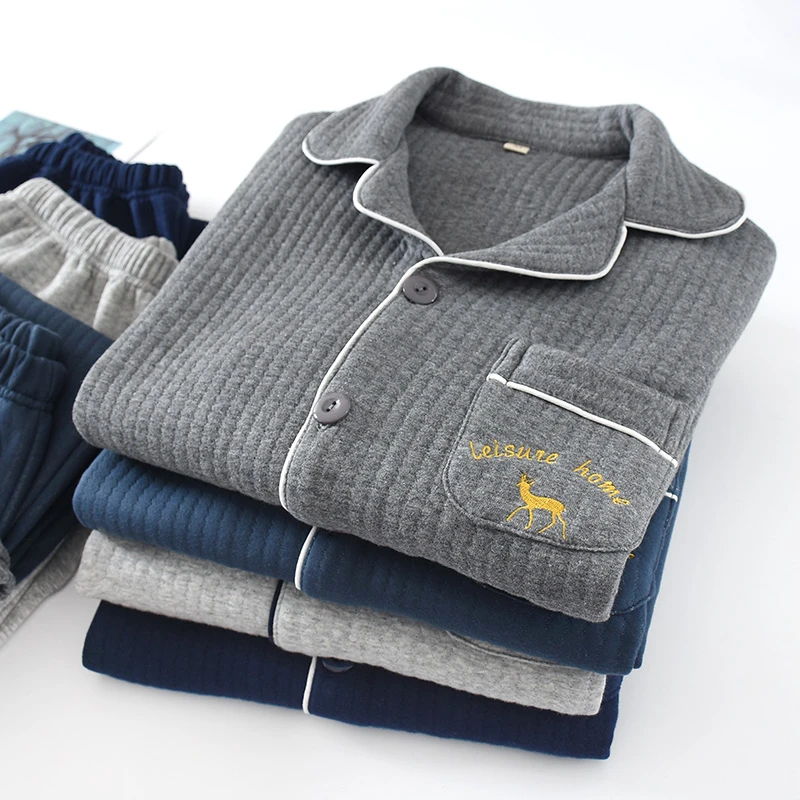 【一鹿有你】男士秋冬季新款纯色空气层夹棉保暖纯棉舒适家居服套装