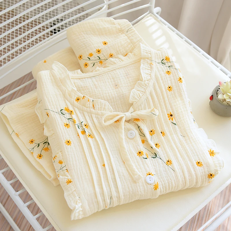 【迎春花】睡衣女套装睡衣女春季新款小花绉纱棉长袖长裤家居服套装