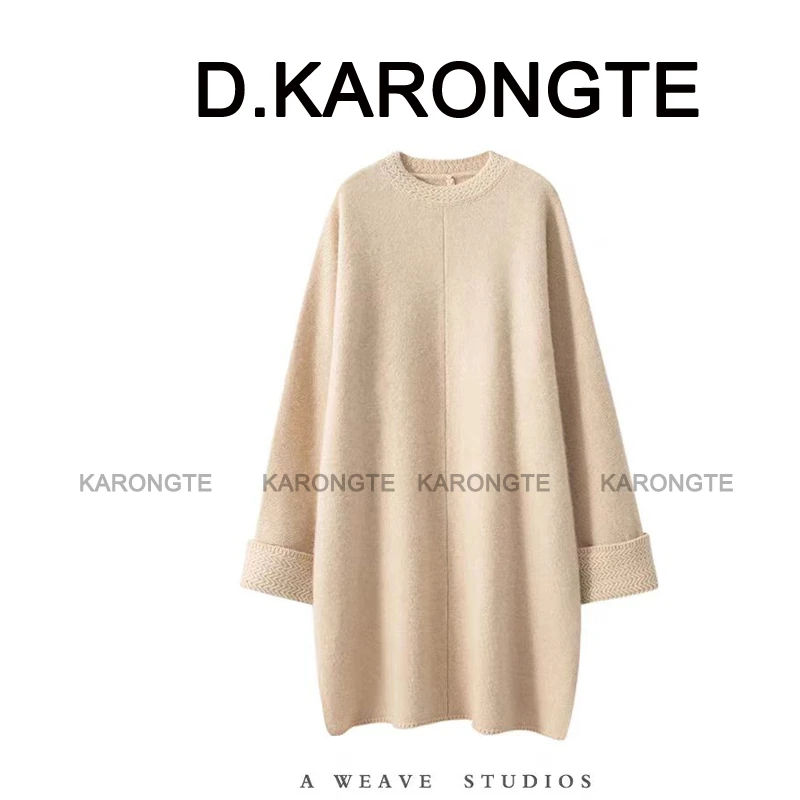 【演绎不凡品味】100%山羊绒中长款加厚圆领侧开叉针织连衣裙显瘦