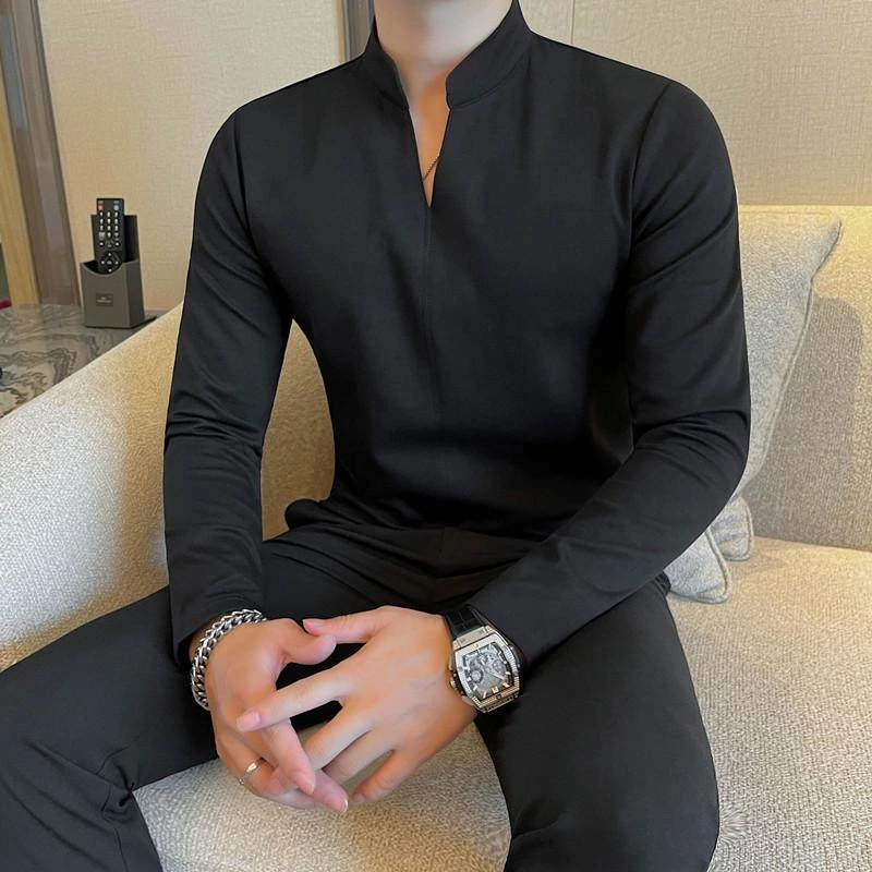 立领polo衫男修身新中式男装春秋款打底衫商务休闲v领男士长袖t恤