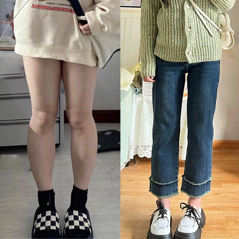 复古毛边直筒牛仔裤女胖mm大码秋冬高腰显瘦小个子九分拼接烟管裤