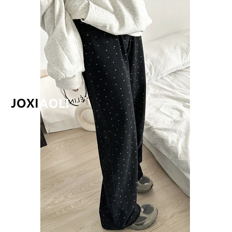 黑色波点碎花牛仔裤女2025年秋冬新款大码胖mm高腰直筒阔腿拖地裤
