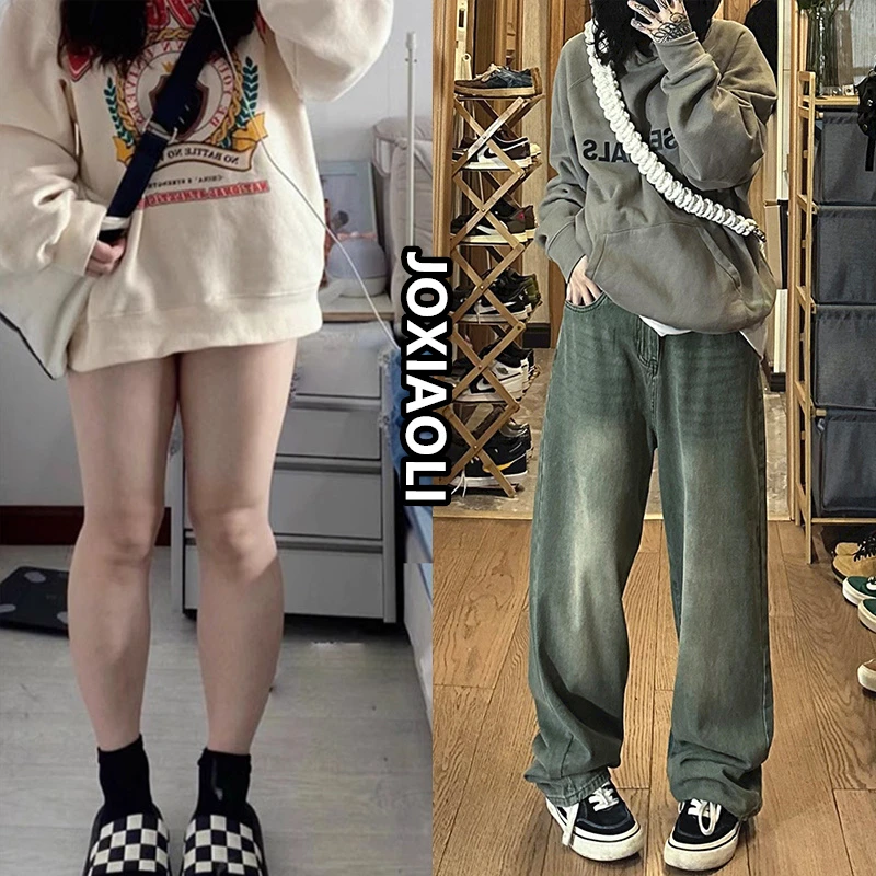 绿色复古直筒牛仔裤女2025早秋大码胖mm梨形身材显瘦小众阔腿裤子