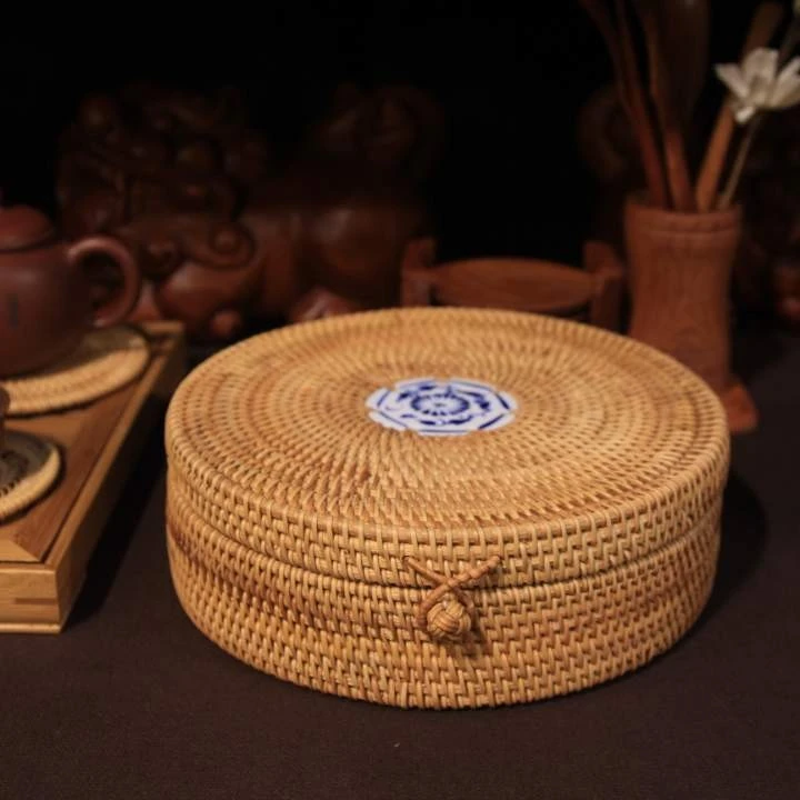 TB135藤编圆形青花瓷客厅中式家用2饼茶饼盒收纳盒22*7cm