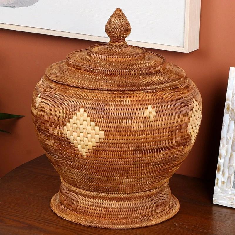 TB174精编手工秋藤编杂物复古大容量创意菱形图案收纳筐