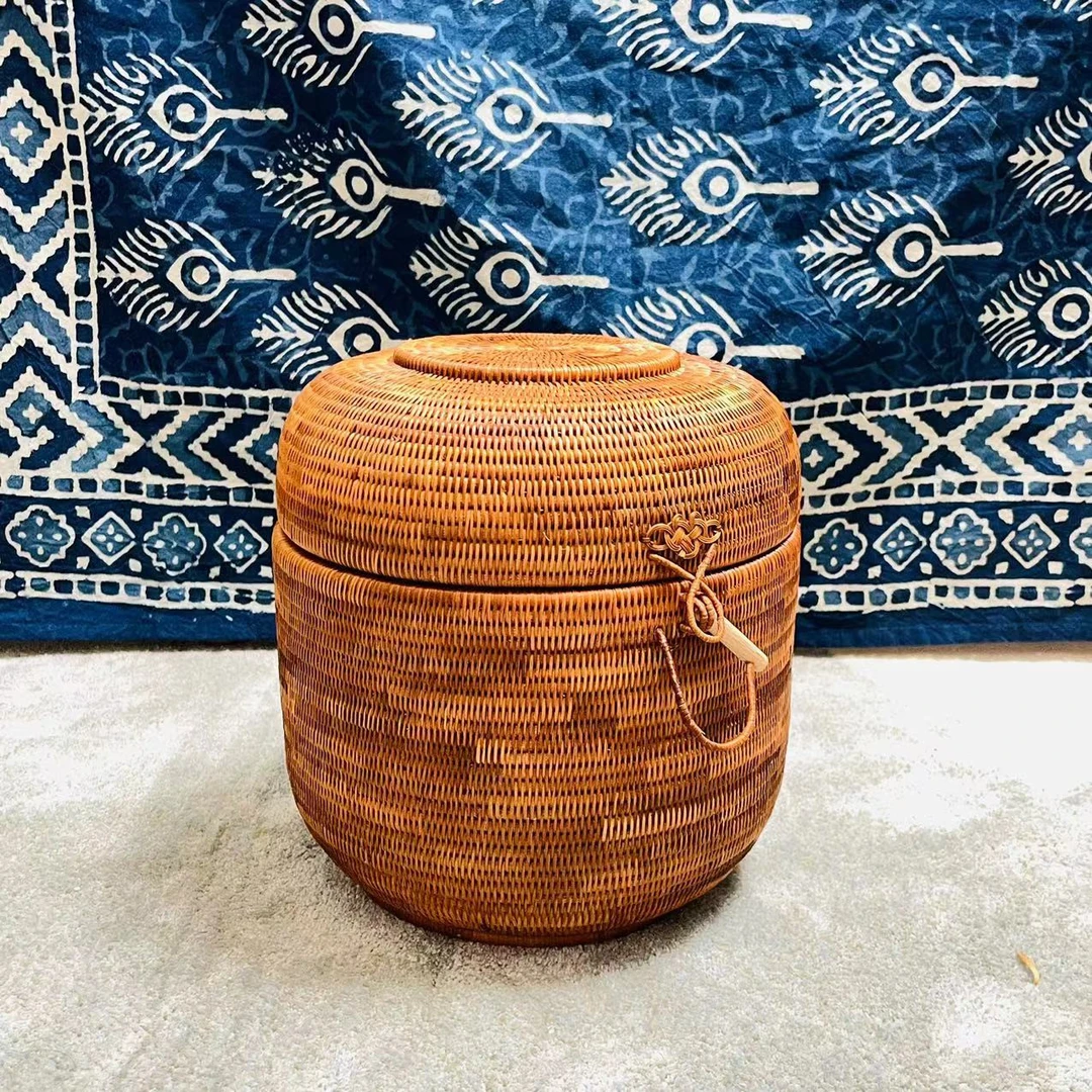 TB150精编秋藤编茶具收纳盒茶饼盒尺寸：23*23cm