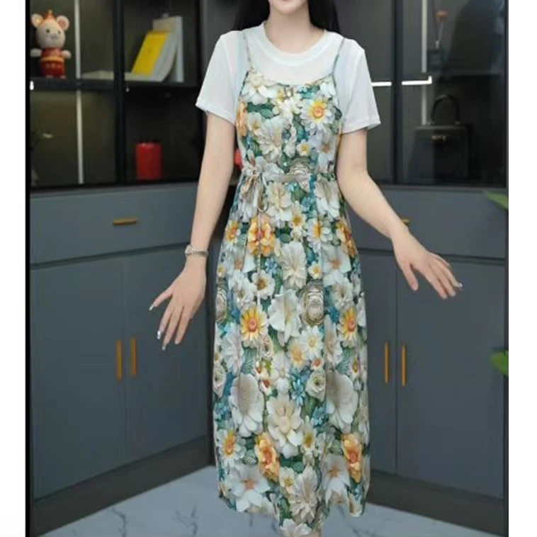 X0213 气质连衣裙女夏季显瘦收腰减龄遮肉休闲圆领碎花拼接A字裙